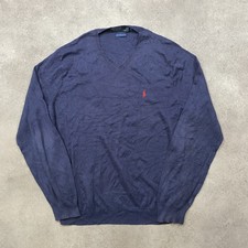 Polo Ralph Lauren Jumper Mens Medium  V-Neck Pima Cotton Sweater, Blue