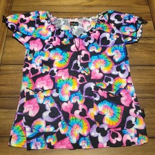 Peaches Psychedelic Hearts Scrub Blouse w/ Tie Neck - Size XS