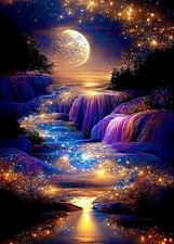 KINPLUB 5D Diamond Painting Kits for Adults, Moon Waterfall Moonlight Falls