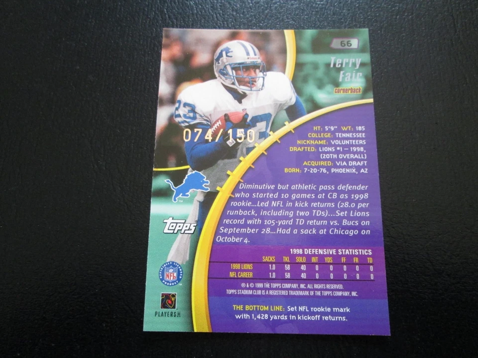 TERRY FAIR 1999 STADIUM CLUB ONE OF A KIND PARALLEL CHROME CARD # 74/150 - Image 3 of 4