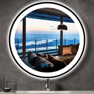 Dimmable 24'' Black Round LED Bathroom Mirror with Antifog & Smart Memory
