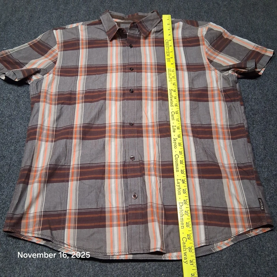 PrAna Lukas Shirt Size XL Regular Brown Gray Plaid Short Sleeve - Image 4 of 4