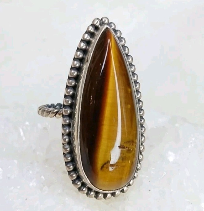 Sterling Tigers Eye Statement Ring With Twisted B… - image 1