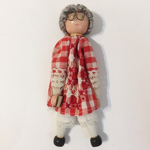 Clothes Pin Doll Red Check Dress Grey Hair Glasses Wood Head Vintage Collectible