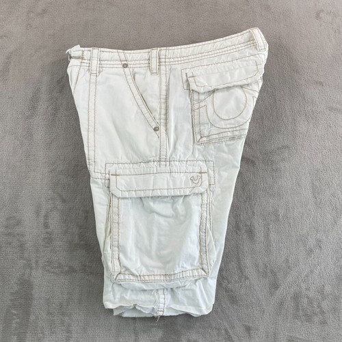 True Religion Cut Off Shorts Men 34 (Tag 32) Lagoon White Big T Cargo Drawstring - Picture 4 of 11