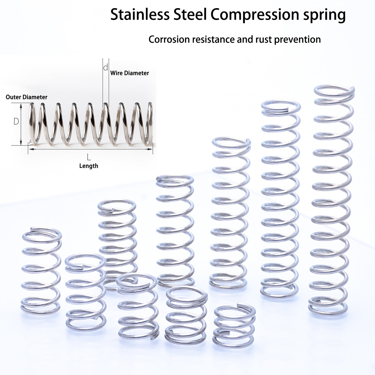 Muelle de presión acero inoxidable presión muelle pequeño 0,8 mm alambre, 10 mm-200 mm largo muelles de presión