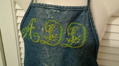 Original Denim Apron Vtg 1950s Handmade Work Wear Cross Stich Monogram ADD USA 