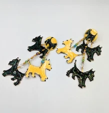 Vintage Lunch At The Ritz 89 Scottie Dog Enamel Dangle Earrings 14K Gold Posts