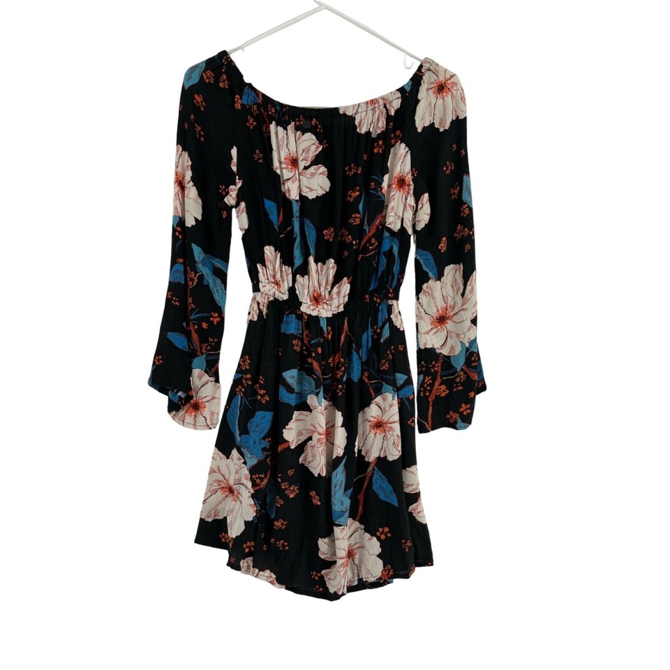 Billabong Women's Off Shoulder Floral Mini Dress Size S Navy Blue Beach