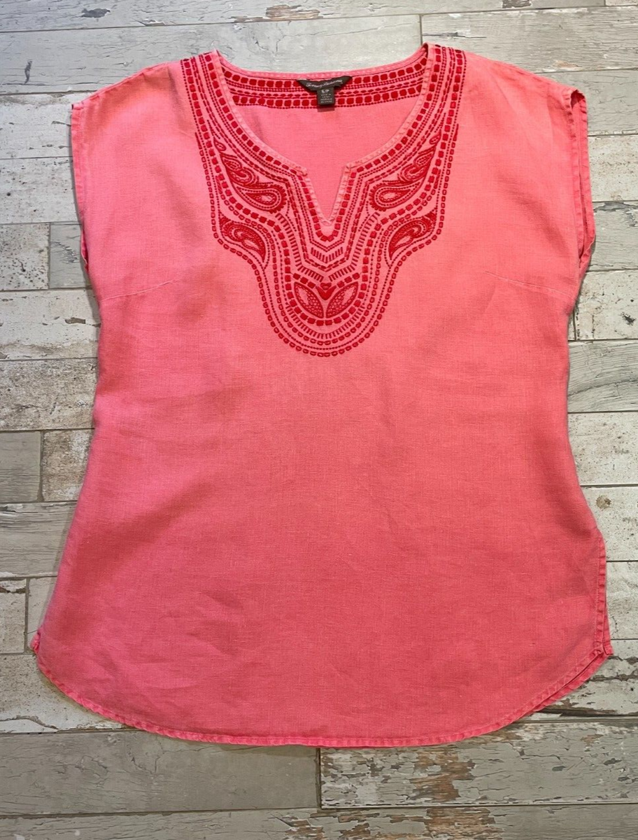 Tommy Bahama Top 100% Linen Two-Tone Pink Woman S Embroidery V