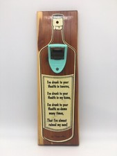 Vintage Mid Century Wood Barware Bottle Opener Wall Mounted Retro Souvenir