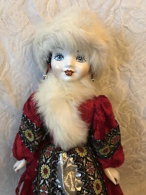 VTG RUSSIAN DOLL PORCELAIN W RED VELVET DRESS FAUX RABBIT FUR HAT