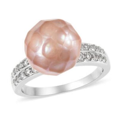 Purple Edison Pearl Natural Zircon Ring in Rhodium Over Sterling Silver Size 6