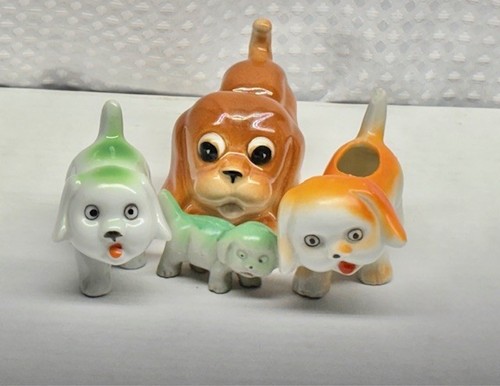Vintage MCM Anthropomorphic Big Eye Puppy Dogs Figurines & Holder Set 4 Japan