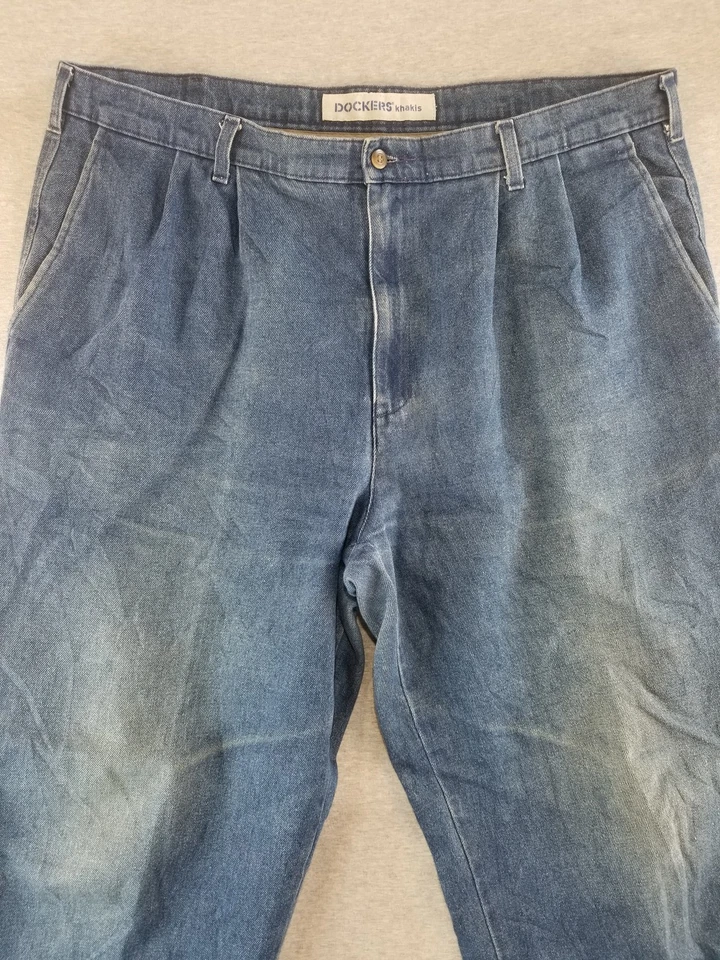 Jeans masculino Dockers tamanho 40X32 azul lavagem 100% algodão qualidade plissado clássico confortável - Imagem 2 de 4
