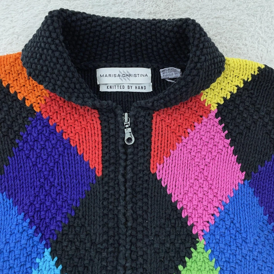 Marisa Christina 手工针织彩虹拉链开衫毛衣女式大号 Argyle — 第 2/4 张图片