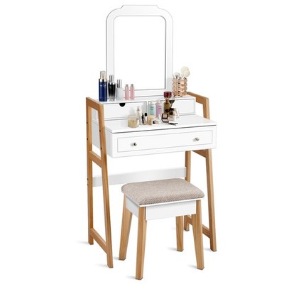 Makeup Vanity Table w/ 3 Drawers & Mirror Dressing table and Cushioned Stool Set