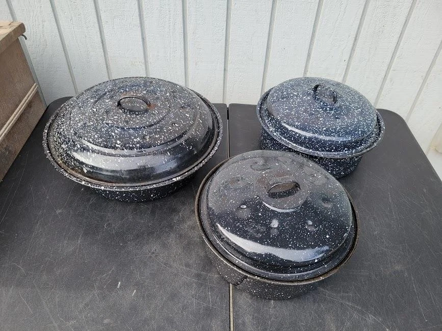 (3) Granite Ware Blue Enamel Round Roasting Tray Casserole Pan Set Speckled