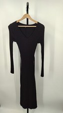 Quince Women Cotton Cashmere Ribbed Long Sleeve V-Neck Midi Dress Black XS