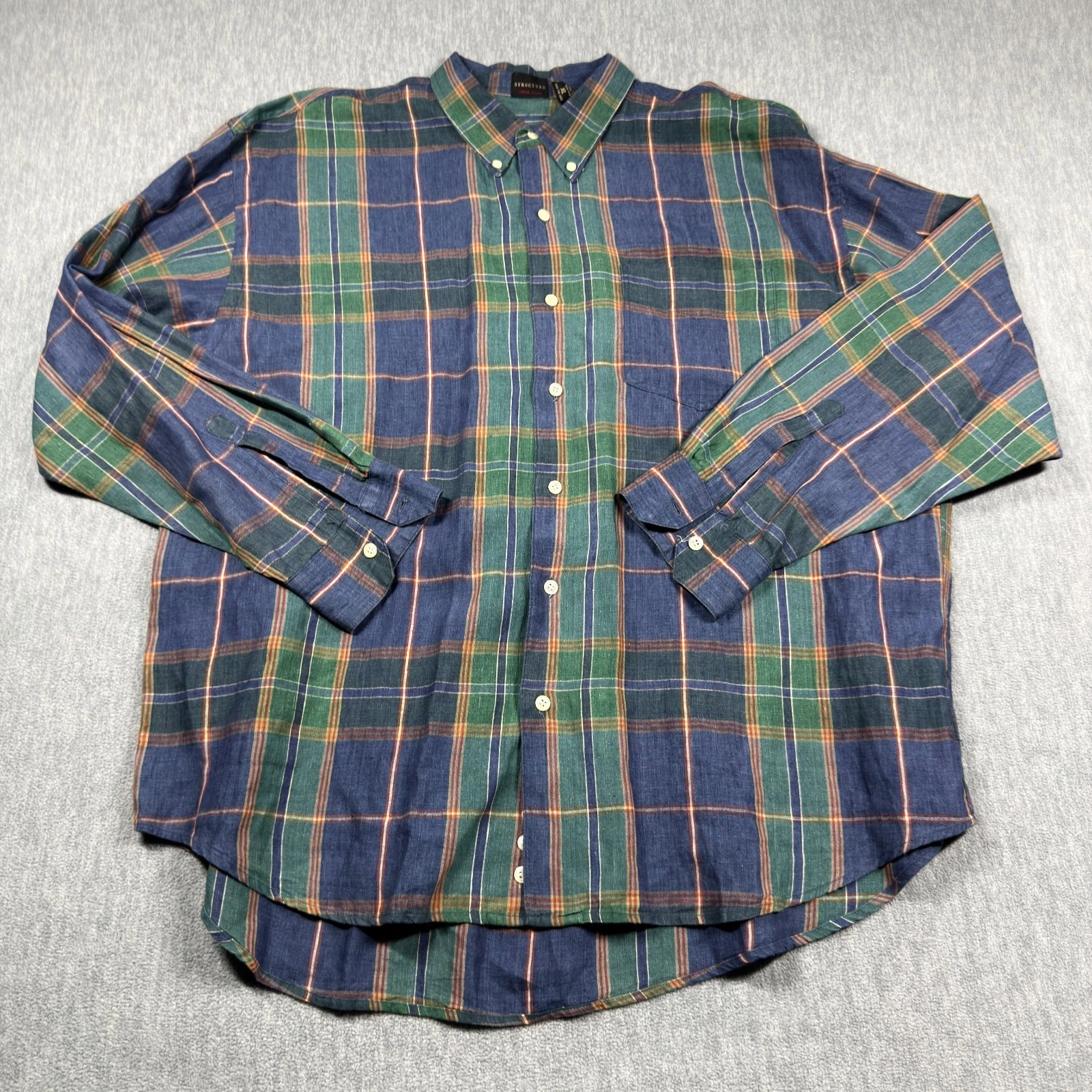 Structure Shirt Mens XL Blue Green Plaid Long Sleeve 100% Linen Casual Button Up