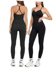 Women 2 Piece Workout Sets Cross Back Sports Bra High Waisted Large Black