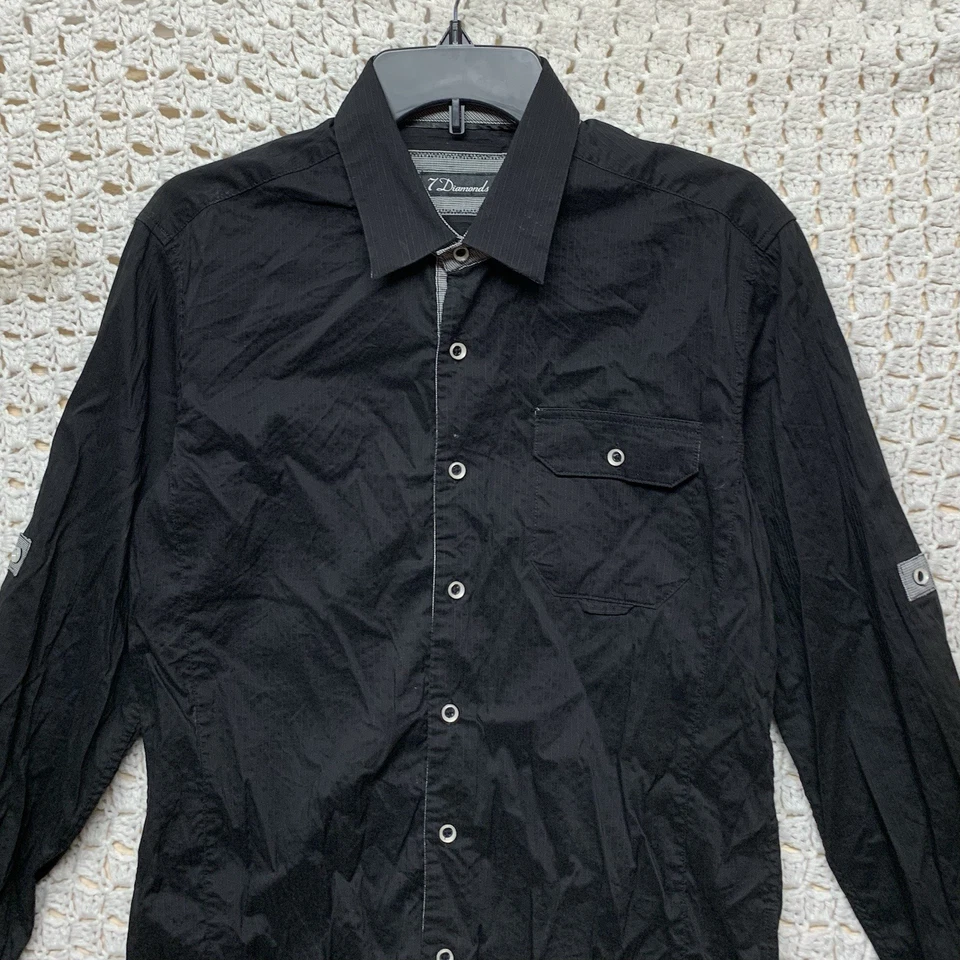 Camisa 7 Diamantes Para Hombre Talla S Negra Gris Rayas Manga Larga Abotonada Pestaña Enrollable Foto 2 de 4