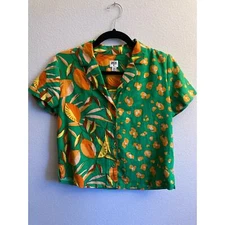 TABITHA BROWN Women’s Blouse XXS Green Leopard/Orange Print Button-Down Shirt