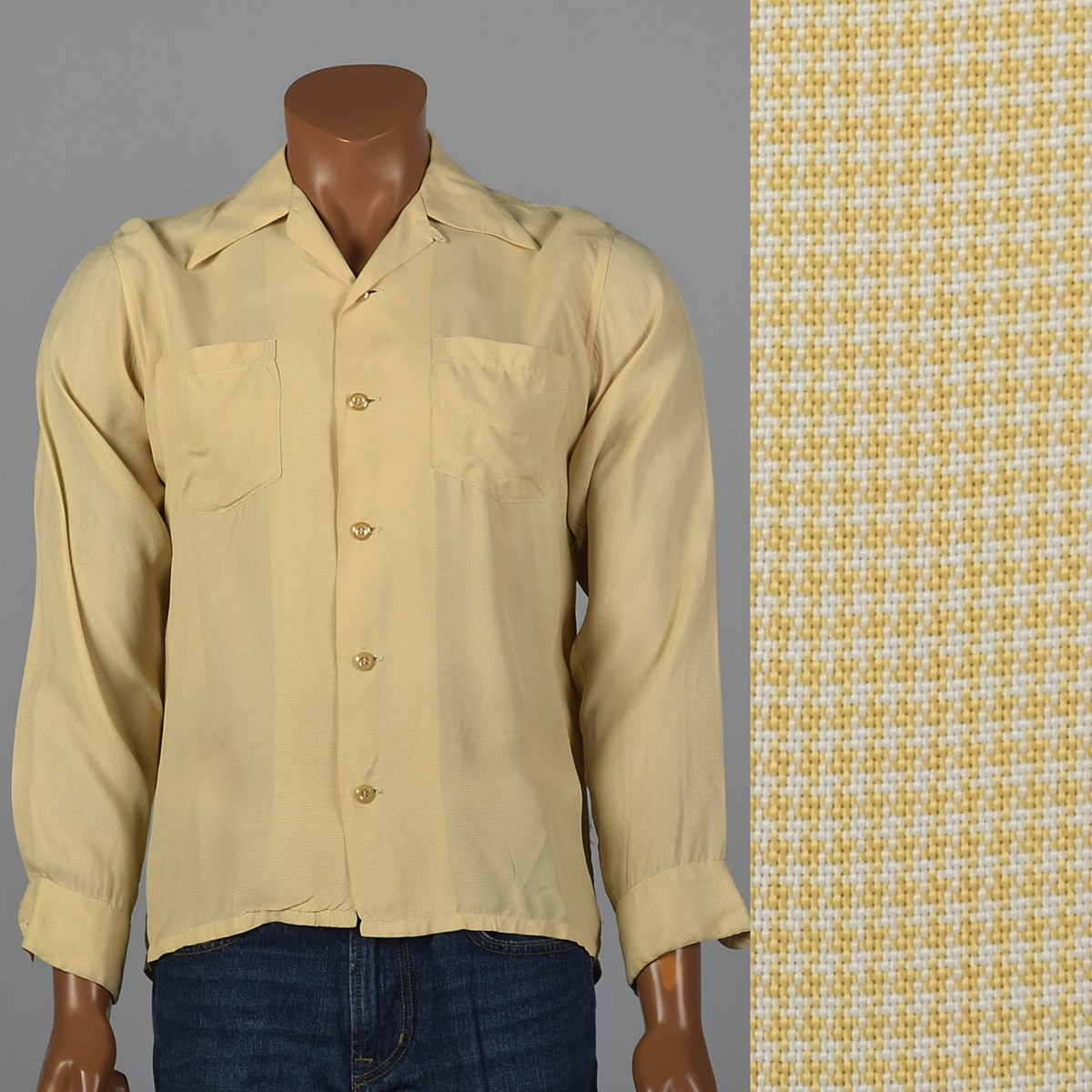 Large 1950s Yellow Micro Check Mens Shirt Square Bottom Loop Large 1950s Yellow Micro Check Mens Shirt Square Bottom Loop
