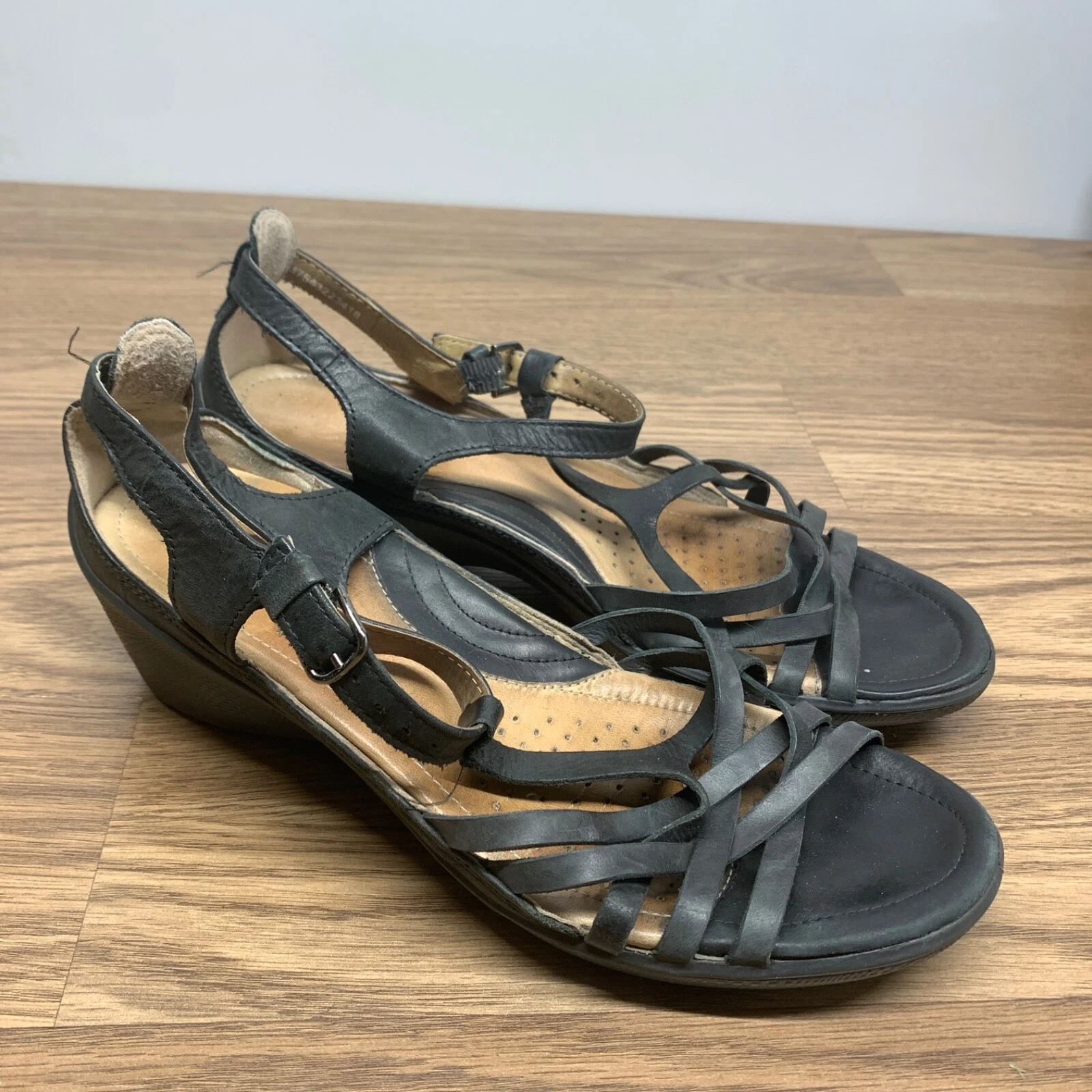 Sandali ECCO T Strap donna 38 7 cinturino pelle nero casual punta aperta zeppa