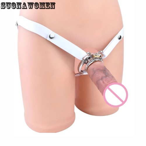 Chastity Cage With Harness Belt Realistic Dildo Metal Locks Penis Ring Sex Toys - Picture 16 of 42