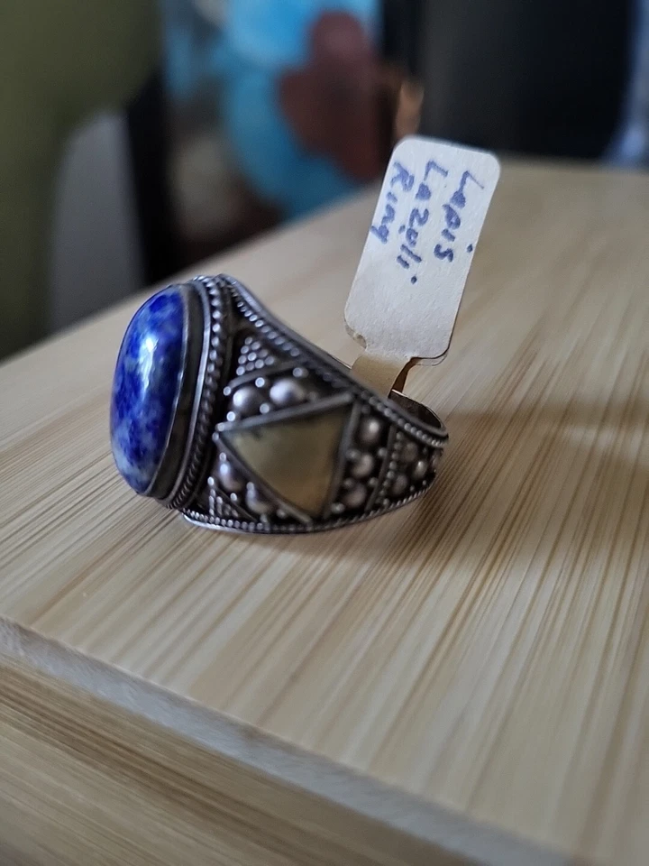 Anillo de Piedras Preciosas de Lapislázuli, 925 De Colección Raro Con Un Símbolo Paramid, Talla 10 Foto 4 de 4