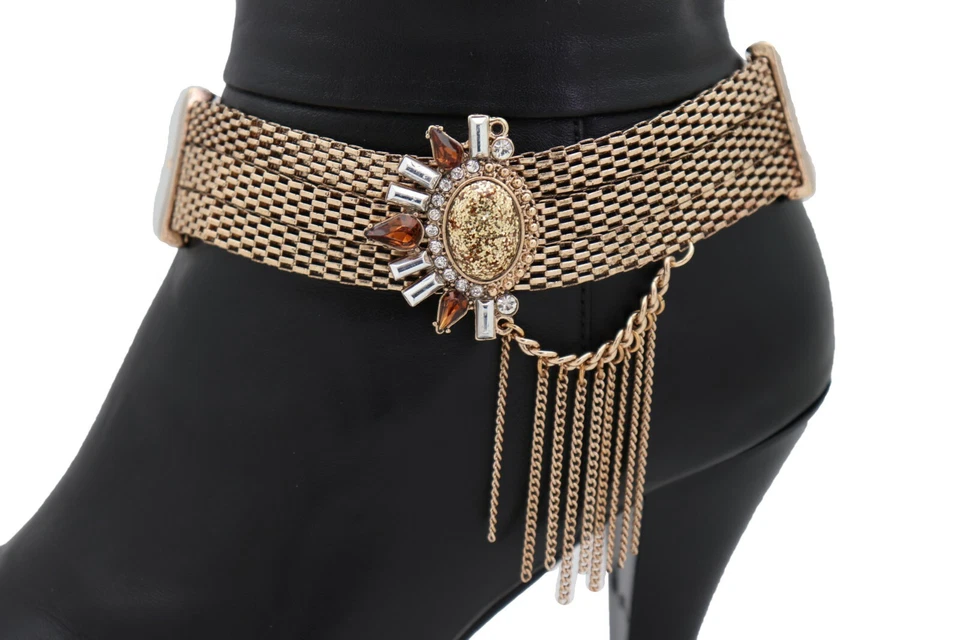 Mujer Malla Dorada Metal Cadena Bota Pulsera Zapato Sol Dije Borla Groovy Look Banda Foto 2 de 4