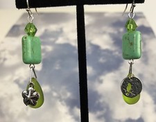 Sea Beach Glass Pebble Dangle Earrings Green Bird Sand Dollar Surgical Steel