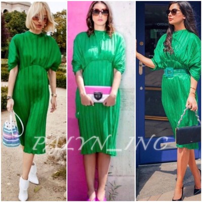 green pleated midi dress