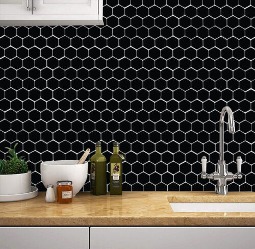 4 Sheets 3D Vinyl Stick on Mosaic Tiles Self Adhesive Black Hexagon - Picture 3 of 9
