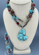 necklace bracelet set faux turquoise flower red hexagon glass beads 30 inch