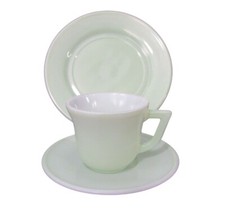 Hazel Atlas Little Hostess Childs Tea Set Milk Glass Cup Saucer Plate Green GUC