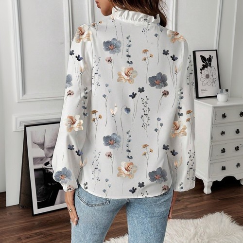 Womens Floral Printed Long Sleeve V Neck T-shirts Ladies Casual Loose Blouse Top - Picture 28 of 39