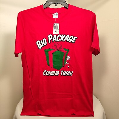 Funny Unisex T Shirt Medium Red Christmas Themed ''Big Package Coming Thru!''