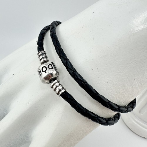 Pandora 925 Sterling Silver Black Braided Leather Wrap Charm 15” Bracelet - Picture 2 of 8