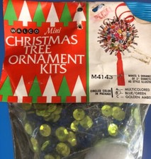 Vintage Walco M4143 BLUE  GREEN Sequin Bead Ribbon Christmas Ornaments 1971 NEW