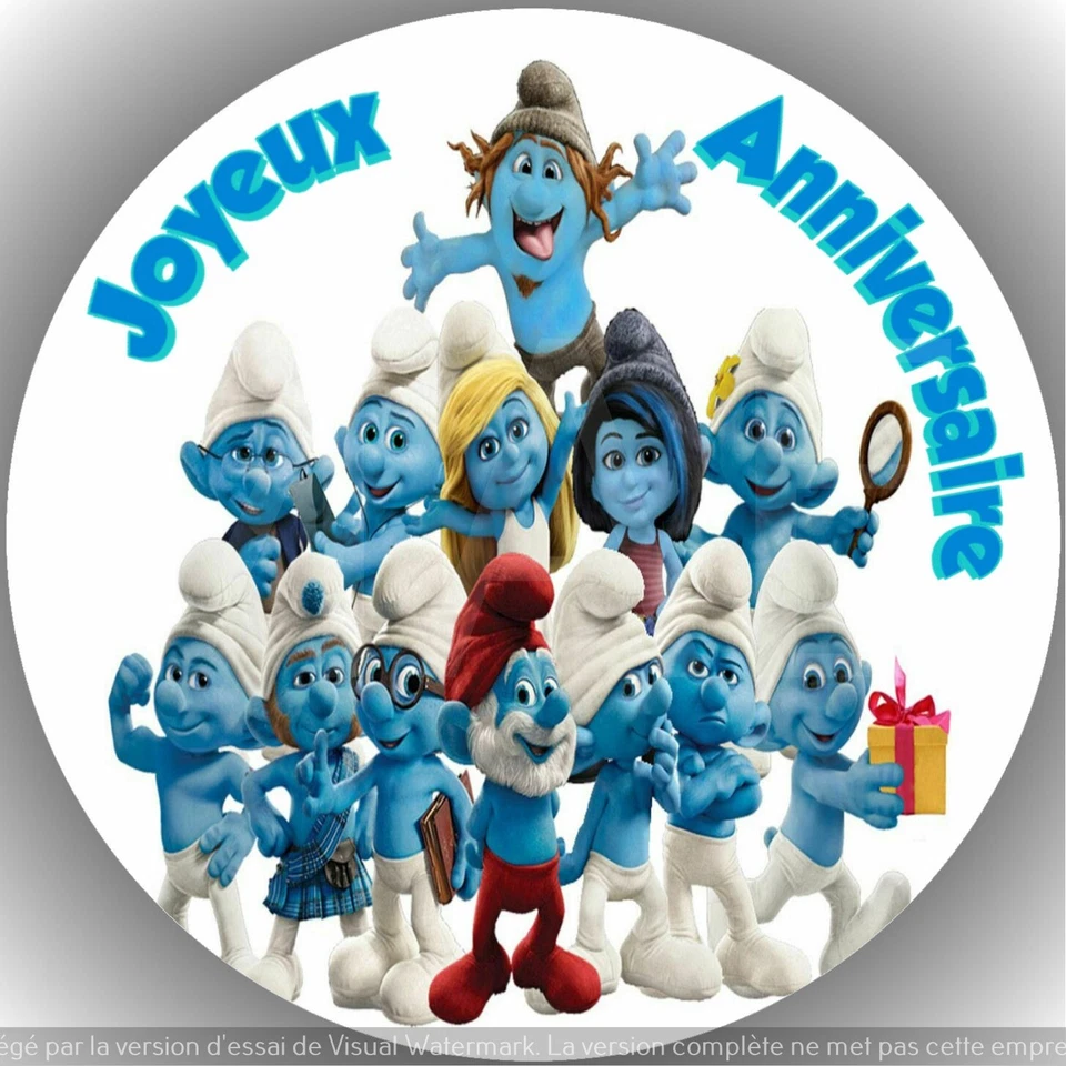 Les Schtroumpfs . Décoration de gâteau comestible , Azyme ,disque diamètre 20cm.