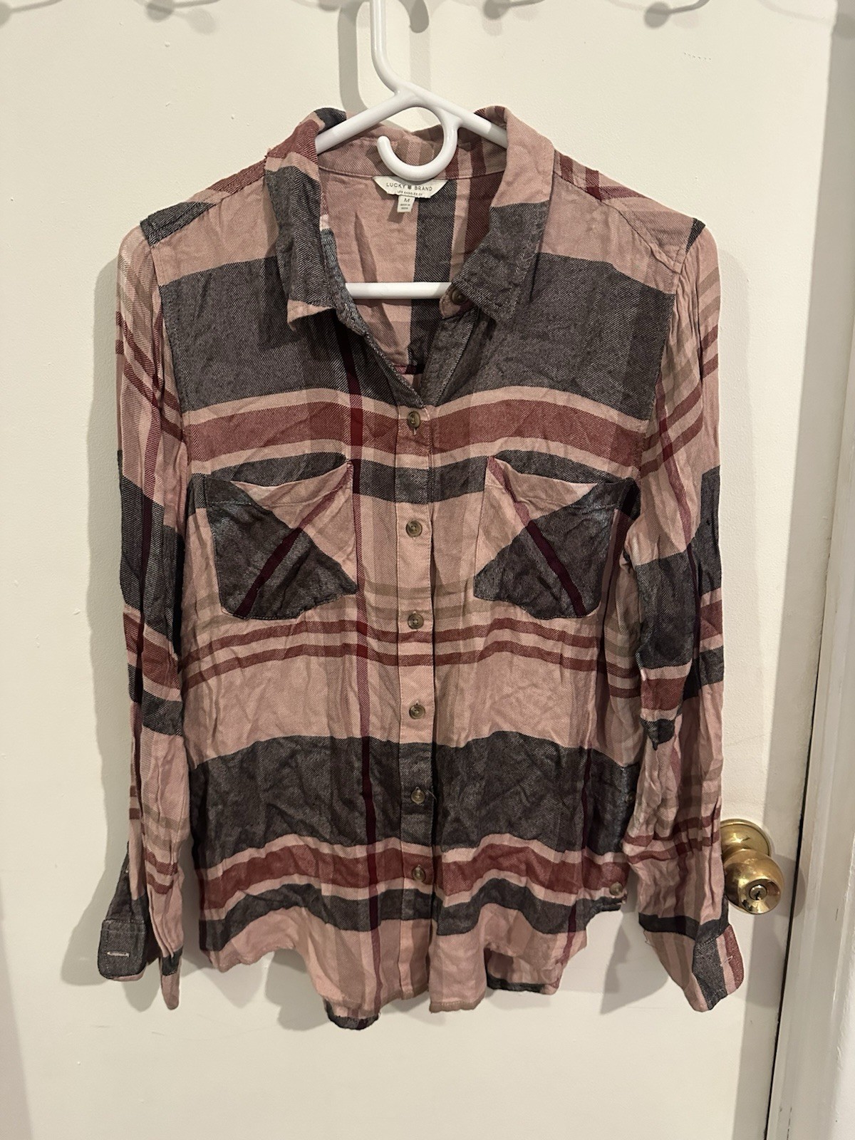 Lucky Brand Women's Plaid Collared Button-Up Long Sleeve Shirt Pink Gray M