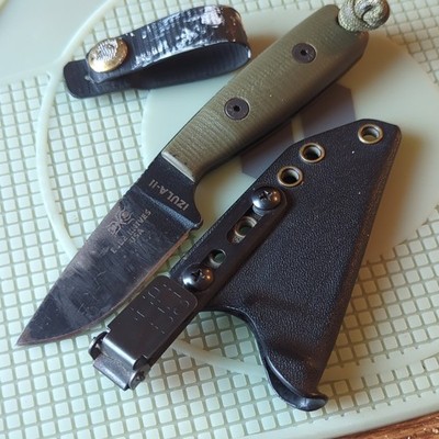 Esee knives izula-2  with g10 scales, armatus carry sheath, ulti clip, belt loop