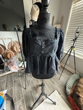 Free People Black Textured Puff Sleeve Peplum...