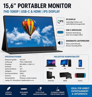 15,6 Zoll Portable Monitor IPS FHD 1920x1080 USB-C Mini-HDMI Schwarz
