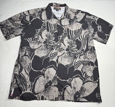 Quicksilver Men  s L Hawaiian Aloha Button Up Shirt Grey Black 100 Cotton Floral