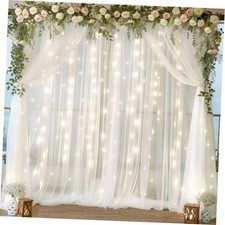 10ft x 10ft White Chiffon Backdrop Curtain with Lights String for Parties,2