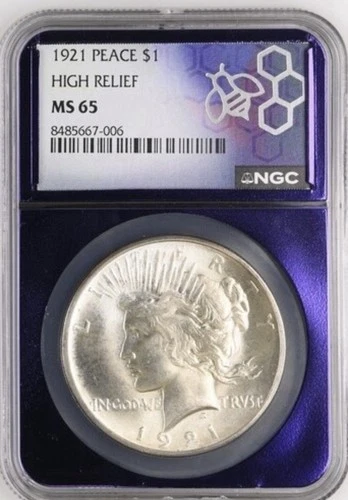 1921 High Relief $1 Peace Dollar Silver NGC MS65 Key Date Coin