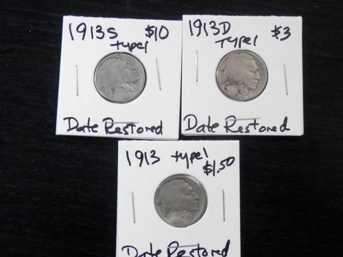 3 Rare 1913 type 1 DATE RESTORED NICKELS
